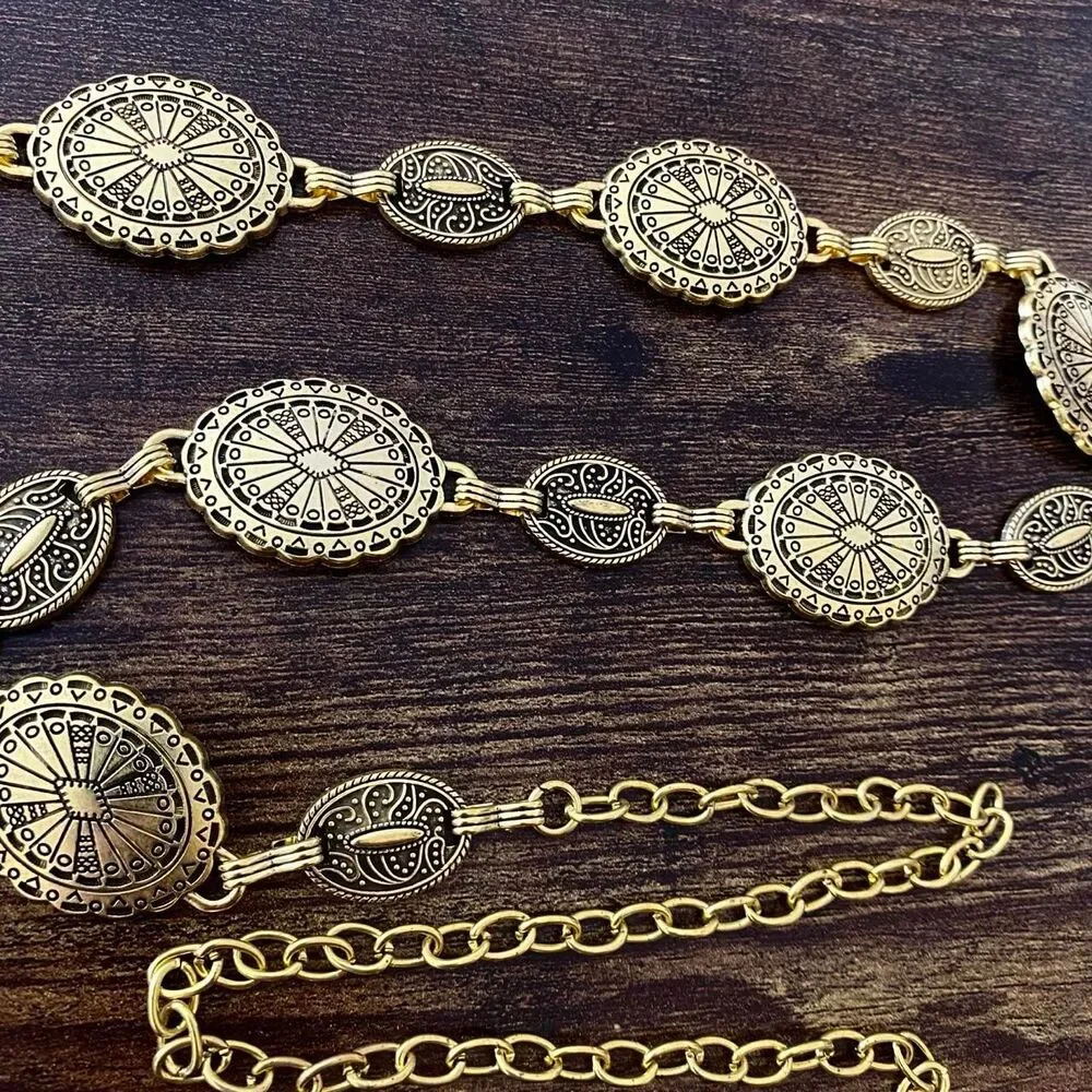 Antique Gold Boho Concho Medallion Waist Chain Belt, Fits 23-38 Inches, X7GA1348